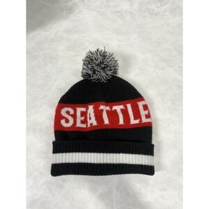 Seattle Knit Beanie Hat Black Red White‎ Pom Winter Cap 100% Acrylic Cozy Fall